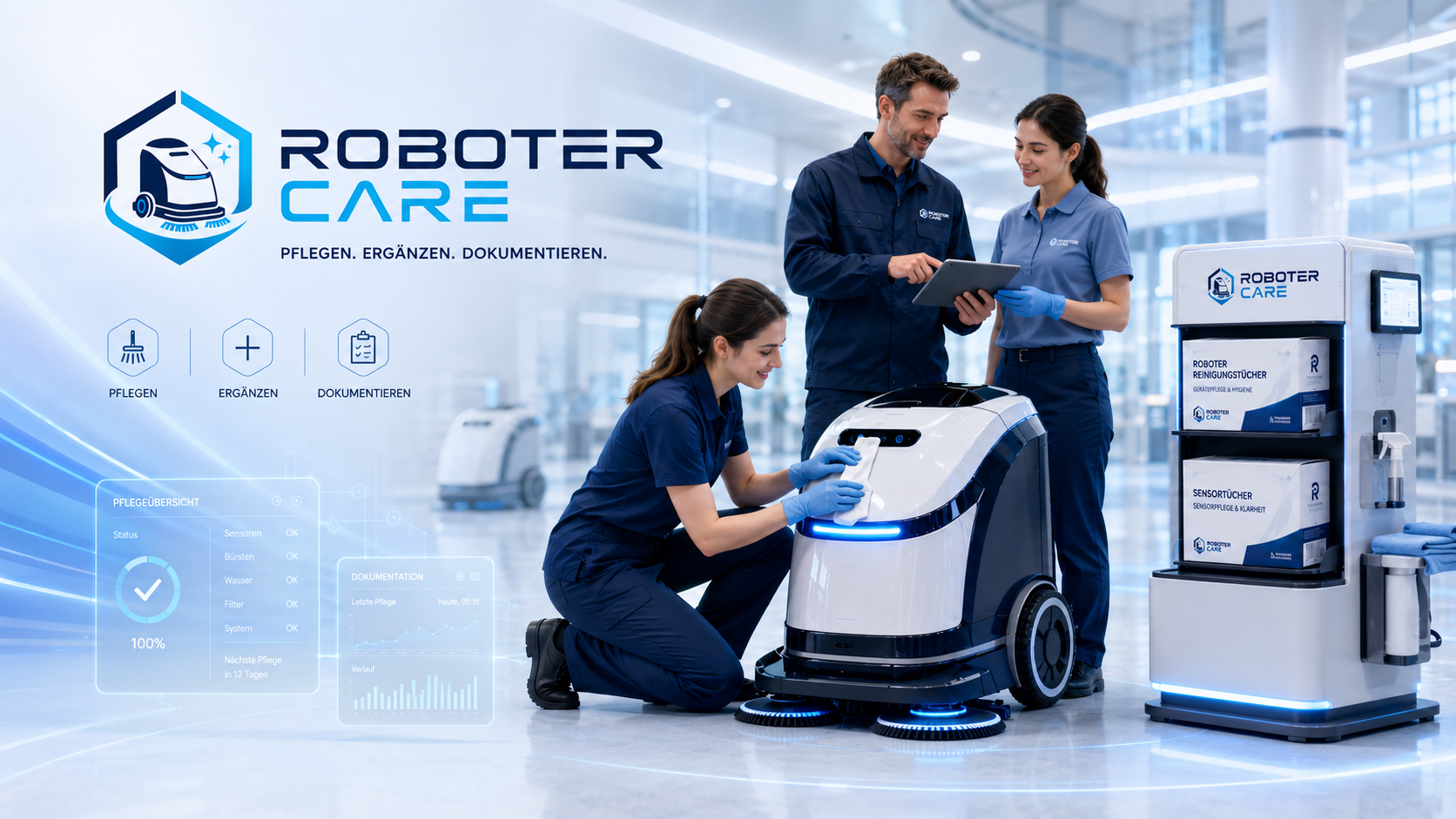 ROBOTER CARE Team pflegt einen professionellen Reinigungsroboter