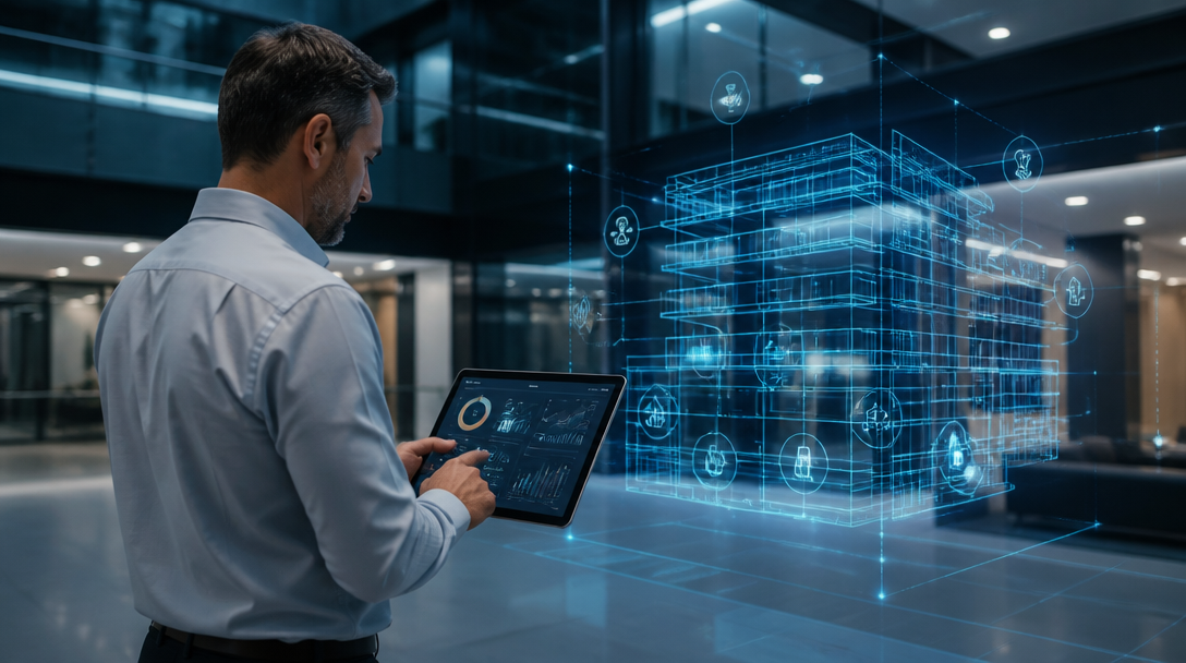 Facility Management: Gebäudeverantwortlicher nutzt ein digitales Dashboard auf einem Tablet