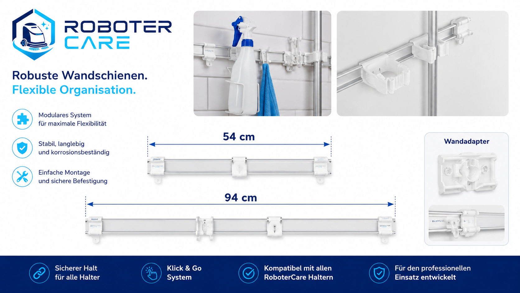 Roboter Care Station Wandschienen in 54 cm und 94 cm mit Wandadapter und Klick & Go System