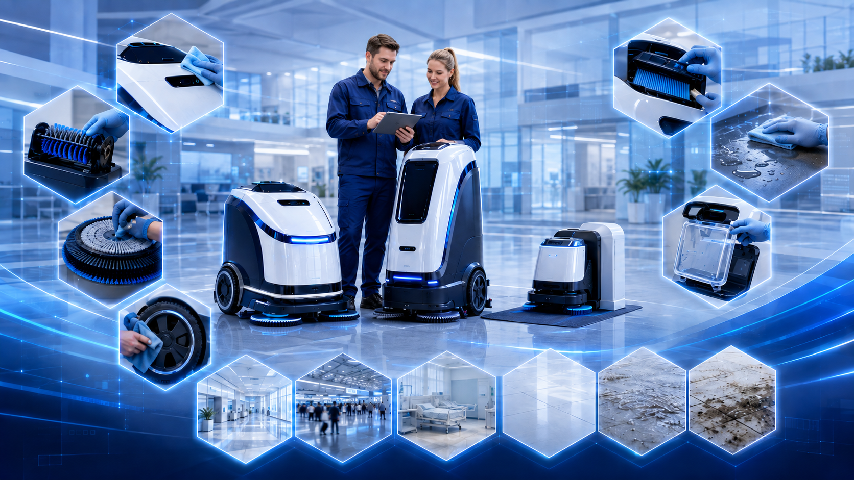 Servicepersonal pflegt Reinigungsroboter: Sensoren, Bürsten, Tanks und Räder im professionellen Objektbetrieb