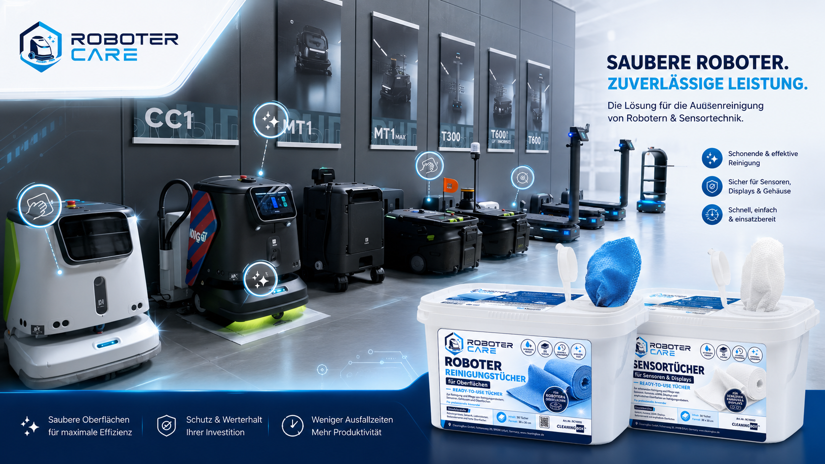 ROBOTER CARE Produkte: Reinigungstücher für Roboter und Sensoren in einem professionellen Showroom