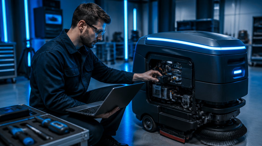Robotik-Integrator: Techniker konfiguriert einen Reinigungsroboter mit Laptop