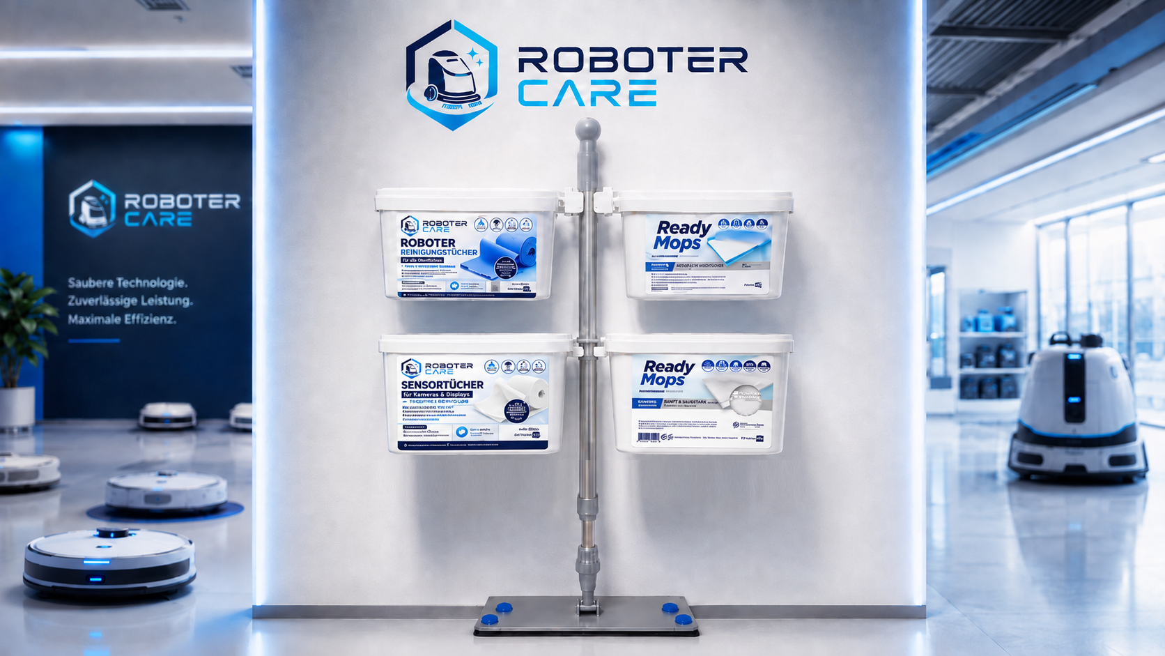 Roboter Care Station als Care Hub mit Reinigungstüchern, Sensortüchern und Ready Mops