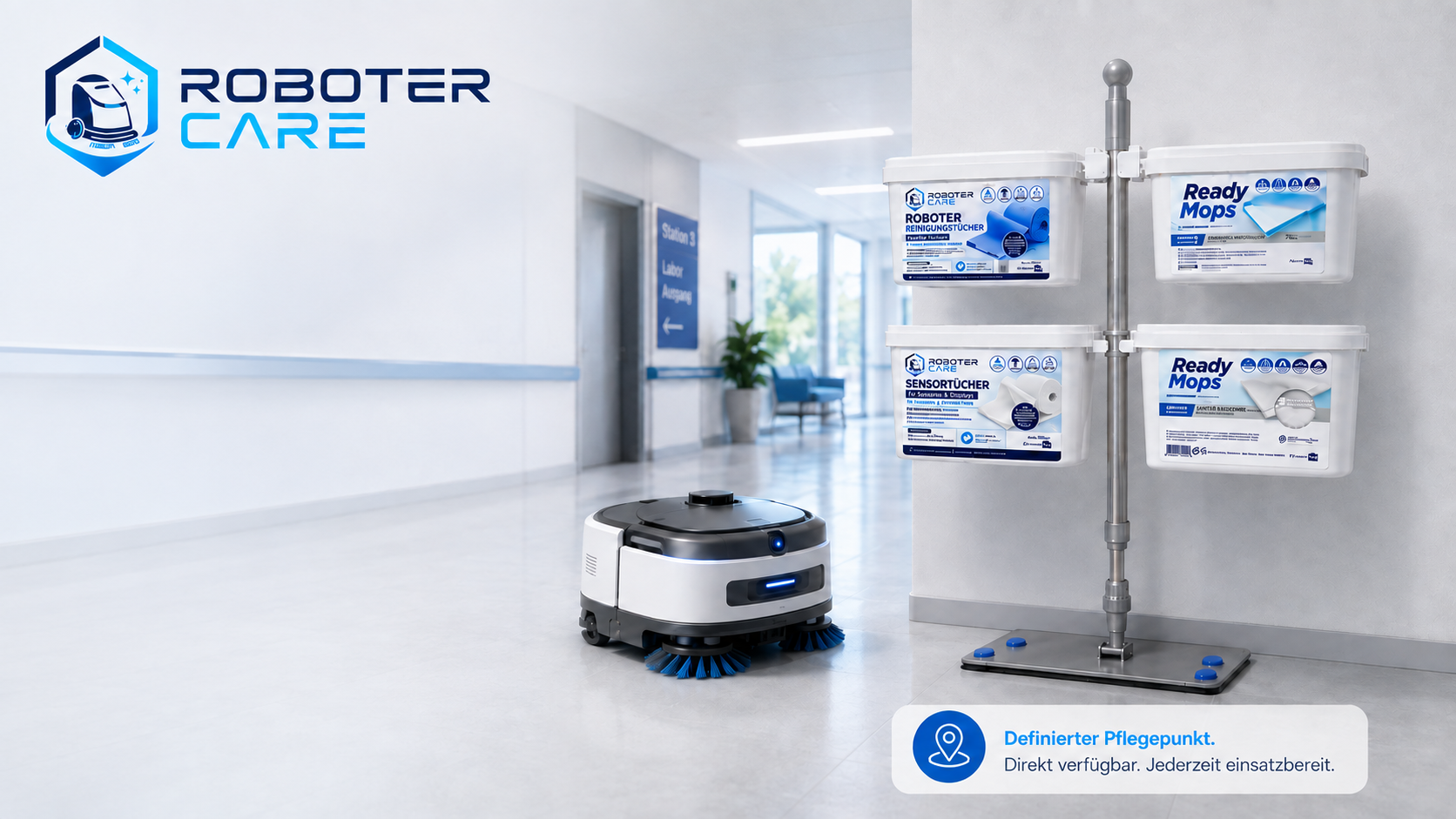 Roboter Care Station als definierter Pflegepunkt neben einem Reinigungsroboter im Objekt