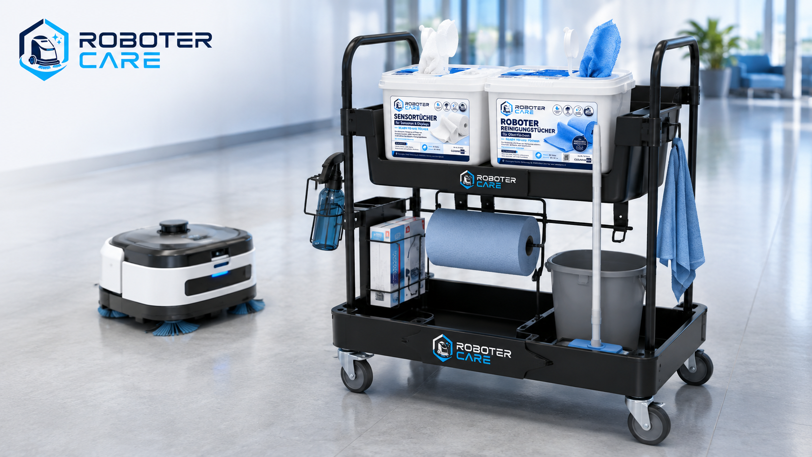 RoboterCare Wagen als mobile Station mit Reinigungstüchern, Sensortüchern, Papierrollen und Zubehör neben einem Reinigungsroboter