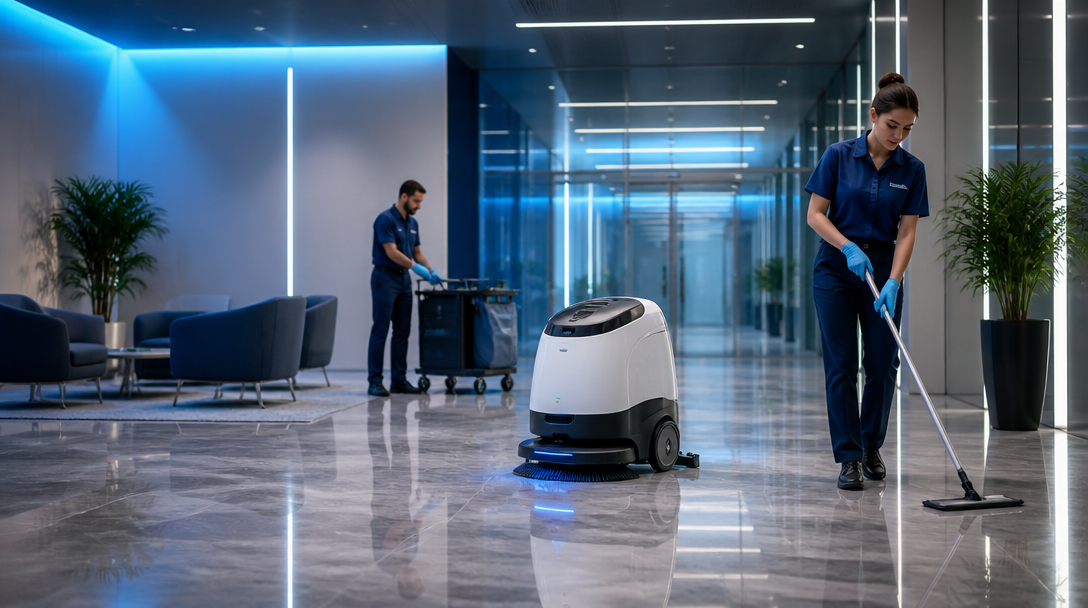 Gebäudereinigungsunternehmen: Reinigungskräfte arbeiten mit einem Reinigungsroboter im Objekt