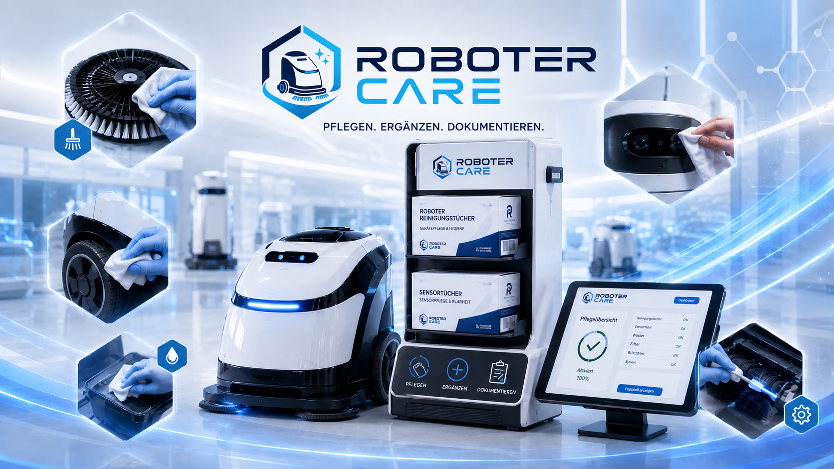 ROBOTER CARE System: Reinigungsroboter, Care Station mit Verbrauchsmaterial, Dashboard und Pflegekomponenten