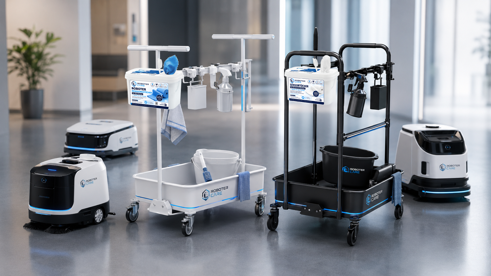 RoboterCare Wagen in Weiß und Schwarz mit Reinigungstüchern, Sensortüchern und Zubehör zwischen professionellen Reinigungsrobotern