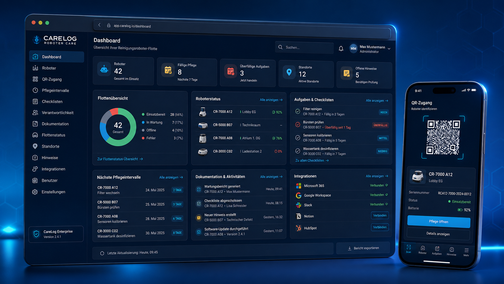 CareLog Dashboard mit Flottenübersicht, Pflegeintervallen und mobiler QR-Ansicht